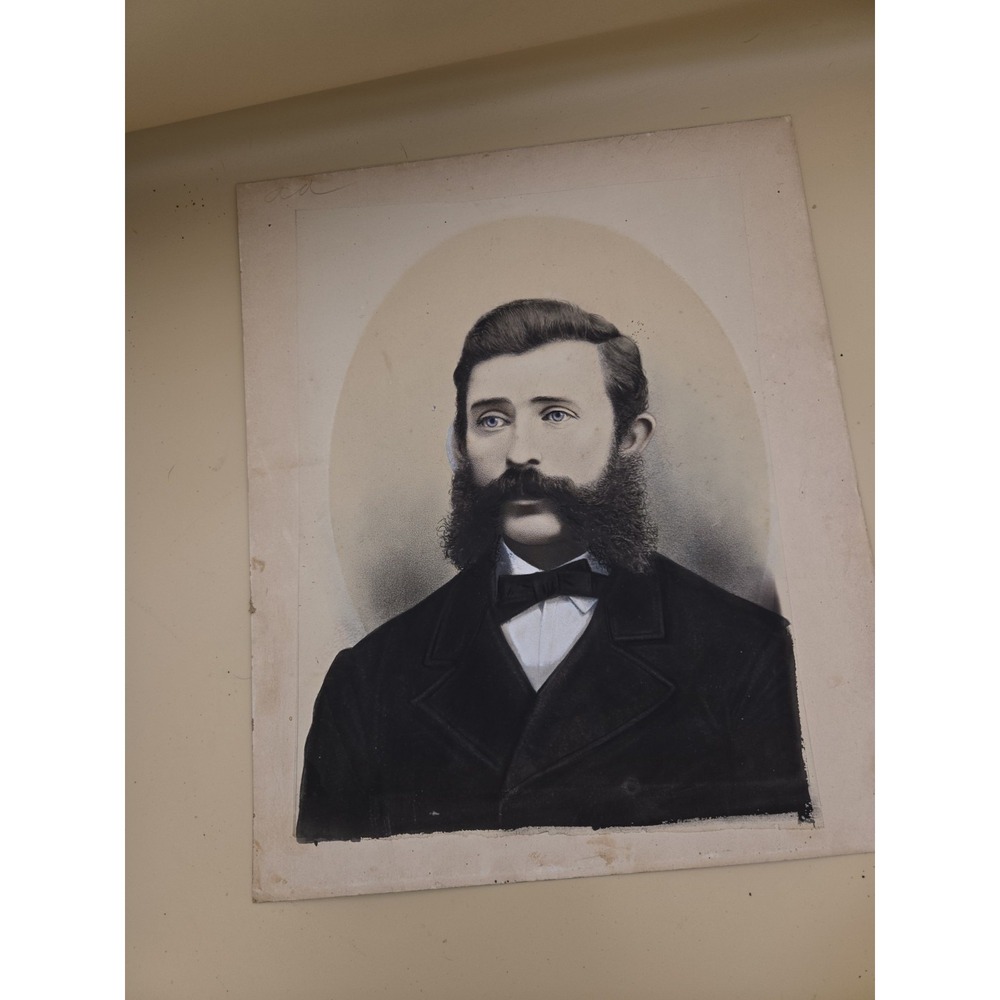 Large Antique Crayon Enlargement Portrait Victorian Gentleman Blue Eyes Apx1890